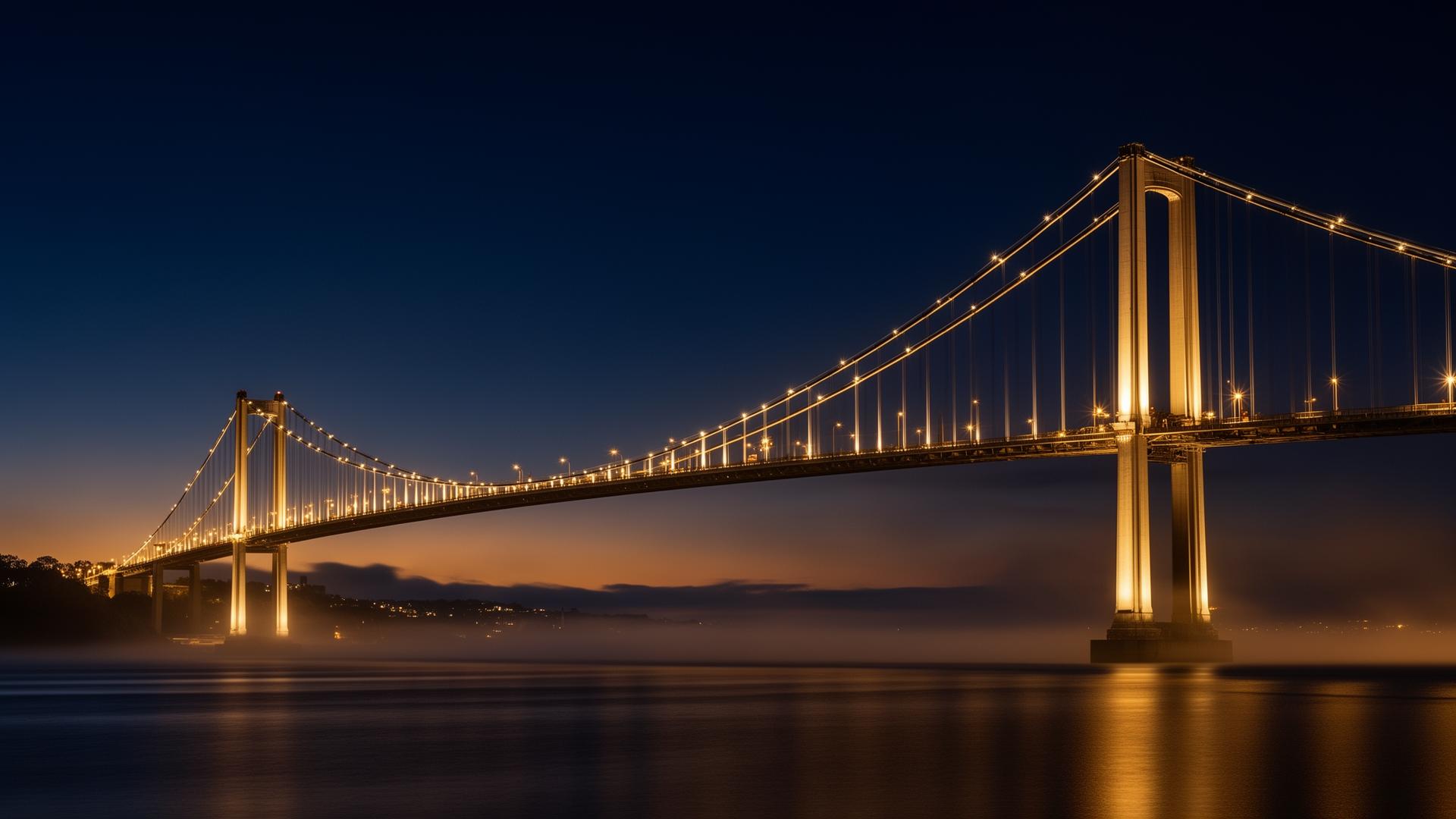 Illuminated suspension bridge at blue hour